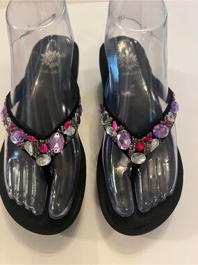 Yellow Box Black Thong Sandals with Pink & Purple Gem Accents